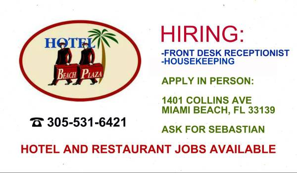 Hotel Front Desk Receptionist Housekeeping Miami Beach