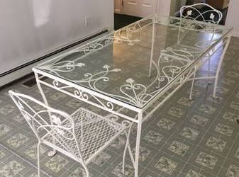 FREE IRON TABLE AND TWO CHAIRS, DESK WITH CHAIR, HEADBOARD (PELHAM MANOR, NY AT BRONX BORDER)