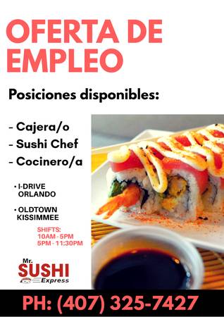 Hiring: Cocina/Cajera Cook/Cashier Japanese Restaurant (Kissimmee, FL Orlando, FL)