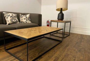 Coffee & Side Table – Wood Top and Black Metal Legs (Flatiron)