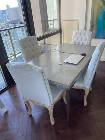 Concrete Table Top w/ Stainless Steel Base + Fabric/Wood Chairs (Chelsea) NY