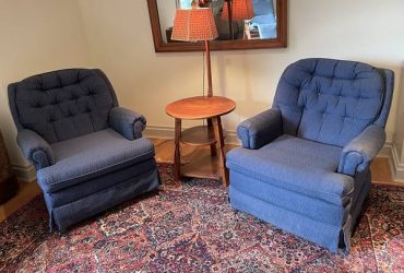 Two (2) blue upholstered tufted backrest swivel chairs (Croton, NY near Teatown)