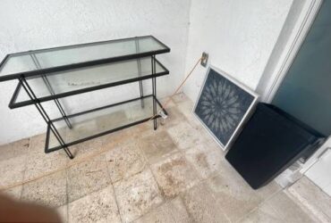 Free – Bookshelves, bin, pic, glass console table (Miami Shores)