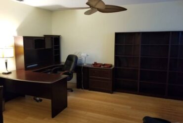 Large desk, bookshelves, and chair